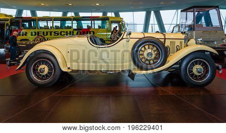 STUTTGART GERMANY- MARCH 19 2016: Roadster Mercedes-Benz 24/100/140 PS 1926. Owners of this car: Oscar Henschel (industrialist) Enrico Rastelli (juggler) Emil Jannings (actor). Mercedes-Benz Museum.