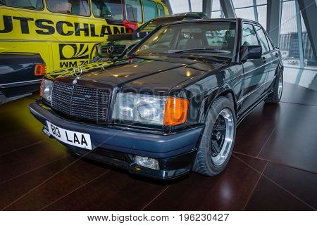 STUTTGART GERMANY- MARCH 19 2016: Compact executive car Mercedes-Benz 190E 2.3 AMG (W201) 1984. The owner of Ringo Starr (ex-musician and drummer of the Beatles). Mercedes-Benz Museum.