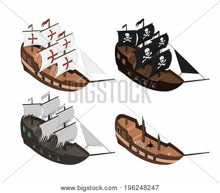 Set of sailers on a white background. Isolated sailboat in isometric style. 3d illustration of ancient ship. Pirate game. Vector illustration