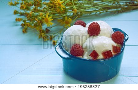 Ice Cream In Ceramic Bowl With Flowers