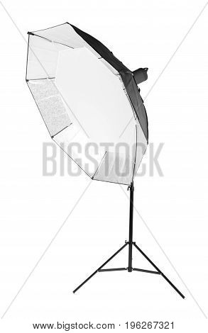 A professional metal gray octobox isolated over the white background. Studio equipment and lightning. A huge and tall octobox. Studio flashlight with a bright oct-box.