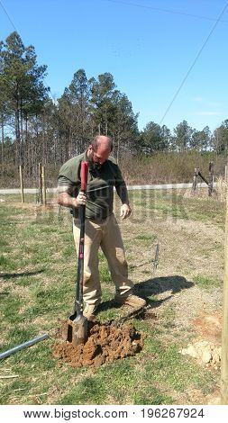 Muscular man digging post hole on farm