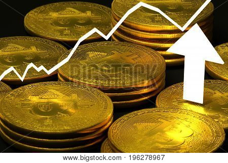 Photo of golden crypt currencies with graph and arrow on black background
