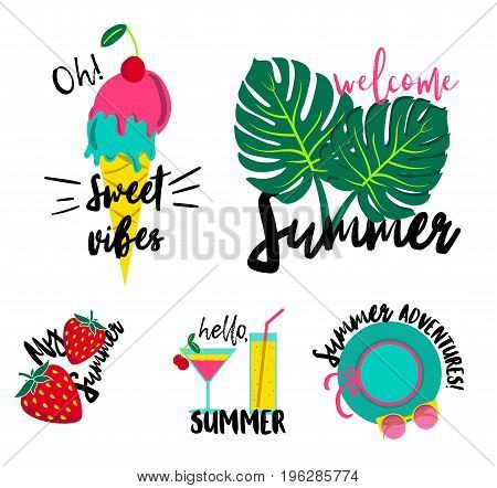 Summer party badges set. Set of summer trendy patches, stickers. Hand drawn summer elements. Vector illustration.