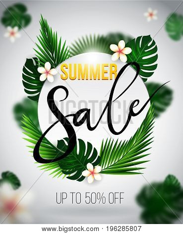 Summer sale web banner. Summer clearance poster design. Discount Banner with tropical leaves, summer sale trendy design.