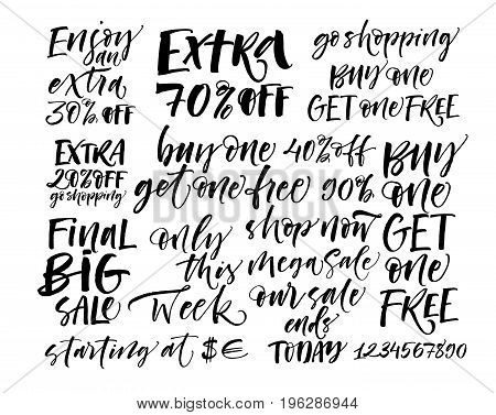 Set of sale's phrases. Extra 70% off final big sale only this week our sale ends today and others. Ink illustration. Modern brush calligraphy. Isolated on white background.