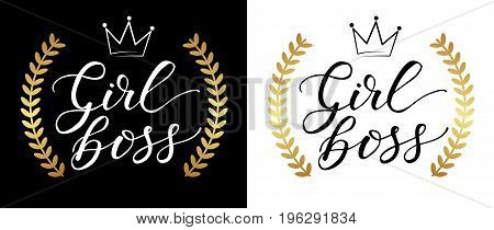 Girl Boss Vector poster. Brush calligraphy isolated on white background. Feminism slogan with hand drawn lettering. Print for poster, card