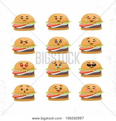 Vector Set Of Different Burger Faces. Smile emoji emoticon face in burger with a lot of variation. Vector emoji burger faces.