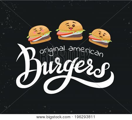 Hand lettering burger logo vector design. Vector handwritten illustration of original american burgers. Hand lettering burger logo design concept. Emblem for fast food restaurant, cafe.