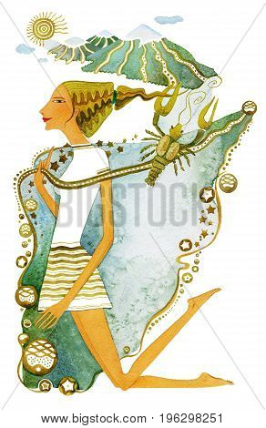 A barefoot girl in a white dress with a cancer clinging to her hair against the backdrop of a mountain landscape. Symbol of the astrological sign Cancer. Isolated on white background