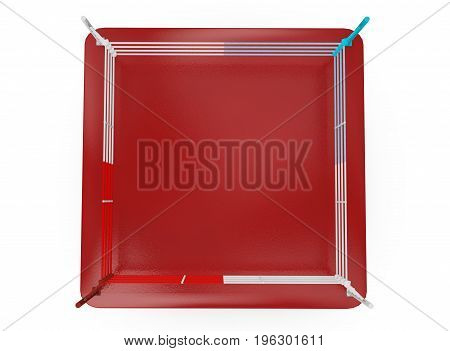 A 3D render of a modern boxing ring with opposing blue and red corners on an isolated white studio background