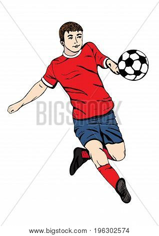 Footballer with a ball, vector hand drawing. Football player in a red blue uniform runs and scores a goal. Isolated on white background. Vector illustration
