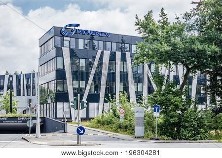 Hamburg , Germany - July 15, 2017: The Nordex headquarter is located in the city of Hamburg and is offering powerful wind turbines for nearly all geographical regions across the globe