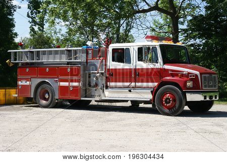 Closeup view of a firetruck ready for emergency rescues.