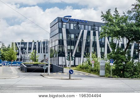 Hamburg , Germany - July 15, 2017: The Nordex headquarter is located in the city of Hamburg and is offering powerful wind turbines for nearly all geographical regions across the globe
