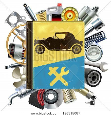 Vector Old Automobile Repair Book with Car Spares isolated on white background
