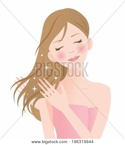 beautiful woman touching her healthy straight long hair