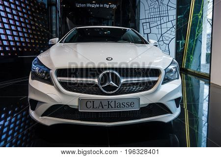 BERLIN - JANUARY 24 2015: Showroom. Compact executive car Mercedes-Benz CLA200. Produced since 2013.