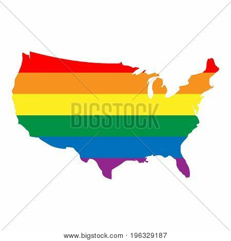 LGBT rainbow pride flag in a shape of USA map. Lesbian, gay, bisexual, and transgender stylish design element. Simple flat vector illustration.