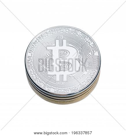 SIlver bitcoin on white background. High resolution photo.