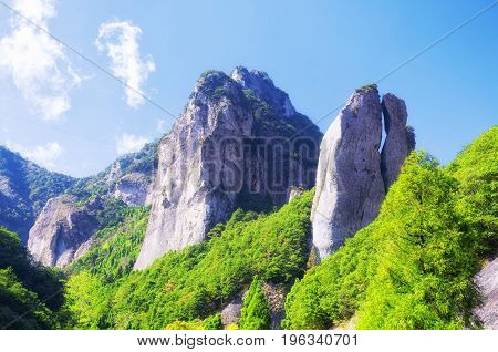 Scissors Peak shaped rocks rising up from the ground at the Dalong Waterfall scenic area in Yandangshan mountain area located in Zhejiang province China.