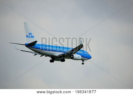 Amsterdam the Netherlands - July 20th 2017: PH-BGD KLM Royal Dutch Airlines Boeing 737 approaching Schiphol Amsterdam Airport Polderbaan runway