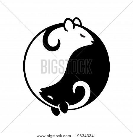 Black and white rat or mouse in yin yang shape. Beautiful stylized vector illustration.