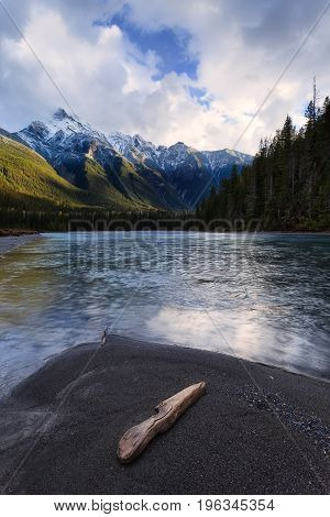 Mountain River in the Canadian Rocky Mountains British Columbia Canada in later afternoon light.