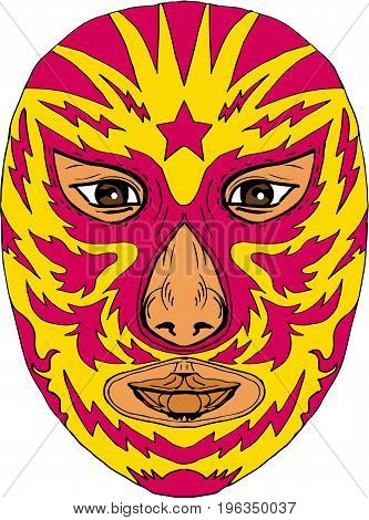 Illustration of a Luchador Mask with Star and Lightning Bolt viewed from front done in Drawing hand-sketched style on isolated background