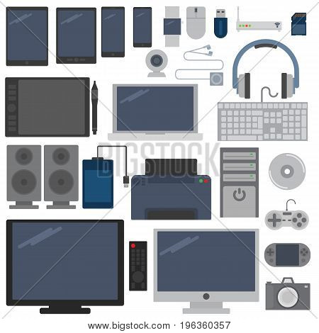 Electronic devices elements collection, flat icons set, Colorful symbols pack contains - Wireless technology electronic devices Vector illustration. Flat style design