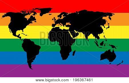 Black world map silhouette on LGBT rainbow pride flag background. Lesbian, gay, bisexual, and transgender stylish design element. Simple flat vector illustration.