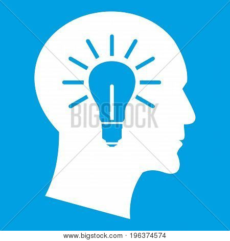 Light bulb inside head icon white isolated on blue background vector illustration