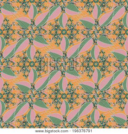 Colour Spring Theme Seamless Pattern Background. Leaves On Colorful Background. Flat Leaf Elements D