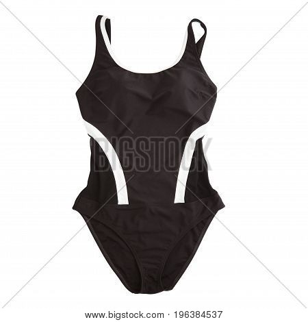 Feminine swimsuit beach accessories isolated on white background. Flat lay, top view closeup