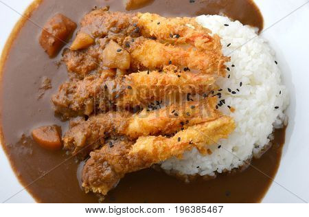 Rice With Deep Fried Shrimp And Curry.