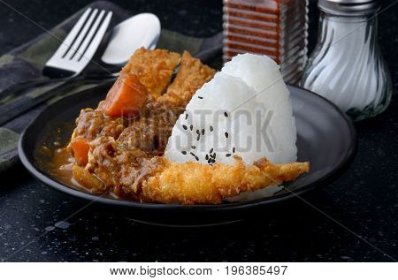 Rice With Deep Fried Shrimp And Curry.