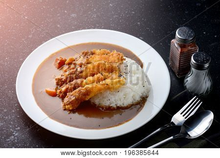 Rice With Deep Fried Shrimp And Curry.