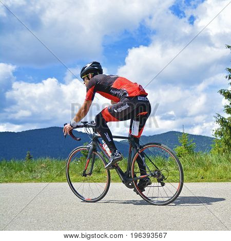 Muntele Mic Romania - June 10: Athlete competing in the Muntele Mic Vertical Race road cycling cometition. Shot taken on June 10th 2017