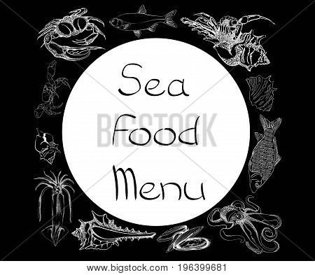 Hand drawn Seafood set. Octopus, fish, oysters, crab, shellfish and mussels. Vector illustration in old ink style.