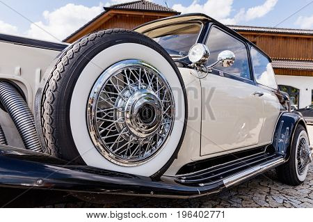 FRYDAVA Czech Republic - 18 July 2017. Bugatti Beauford car on the stone road in willage Frydava South Bohemia. Luxury historical car special edition