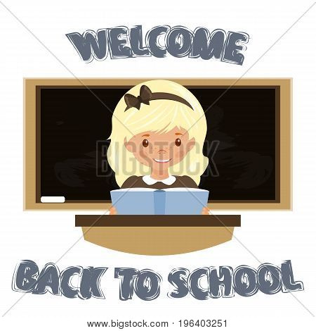 Girl sitting at the Desk . Welcome to the school. The return to school. Stock vector.
