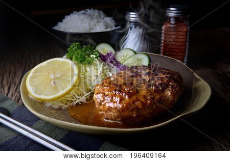 Japanese Style Hamberger Or Hamberg Serve With Gravy Sauce.