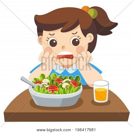 Isolated vector. Unhappy girl doesn't want eat healthy vegetables.