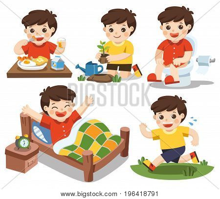 Isolated vector. The daily routine of a cute boy on a white background. [wake up eat sitting on the toilet running plant a tree]