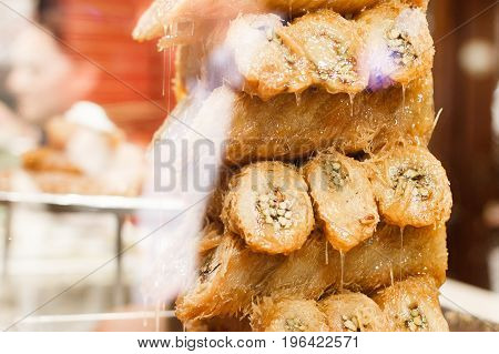 Turkish sweets and honey for a showcase closeup.