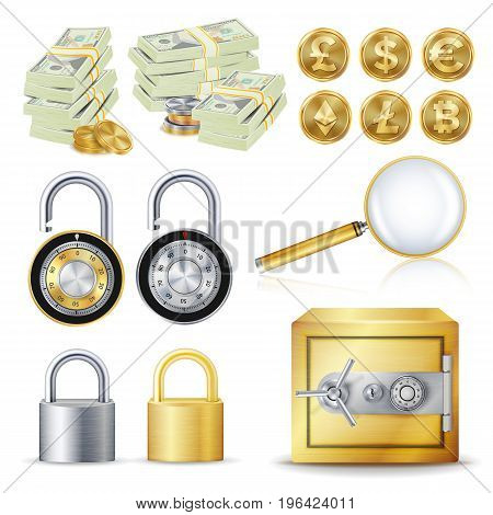 Finance Secure Concept Vector. Gold Coins, Money Banknotes Stacks, Encryption Padlock, Safe, Magnifying Glass. Dollar, Euro, GBP, Bitcoin Litecoin Etherum Banking Illustration Isolated