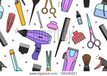 Barber shop tools outlined colorful seamless pattern on white background