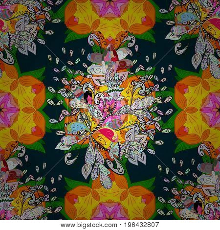 Vector ornate zentangle seamless texture pattern with abstract floral mandalas on colorful background. Can be used for sketch web page. Summer seamless pattern with stylized flowers.
