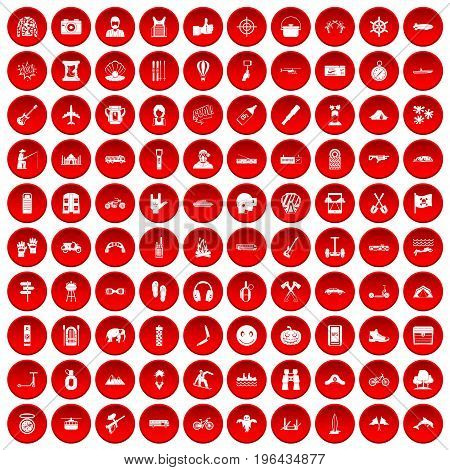 100 adventure icons set in red circle isolated on white vector illustration