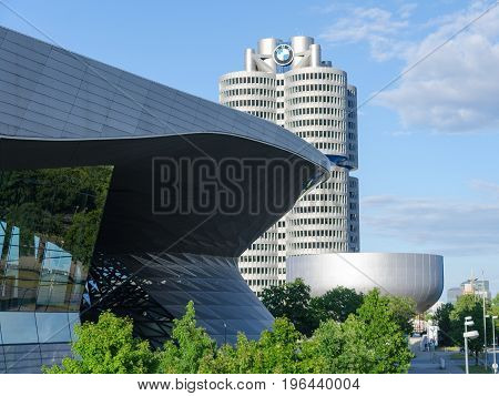 Munich Germany - July 15 2017: New BMW Headquarters modern building four-cylinder tower with museum and exhibition center